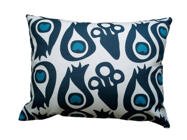 PEACOCK - Turquoise Blue Hand Printed Canvas Pillow, Modern Artisan Design