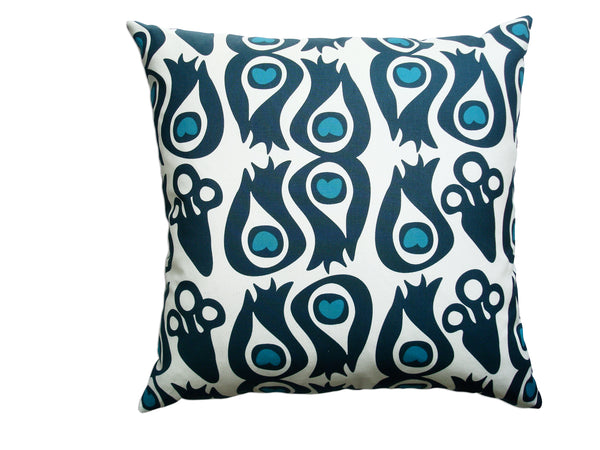 PEACOCK - Turquoise Blue Hand Printed Canvas Pillow, Modern Artisan Design
