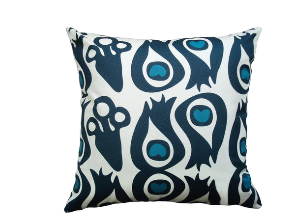 PEACOCK - Turquoise Blue Hand Printed Canvas Pillow, Modern Artisan Design