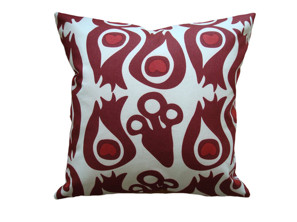 PEACOCK - Red Hand Printed Canvas Pillow, Modern Artisan Design