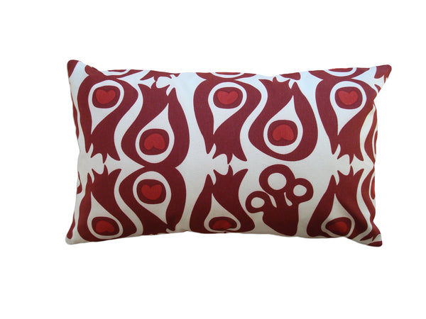 PEACOCK - Red Hand Printed Canvas Pillow, Modern Artisan Design