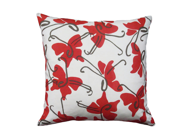 BUTTERFLY - Hand Printed Red Linen Pillow, Artisan Home Decor