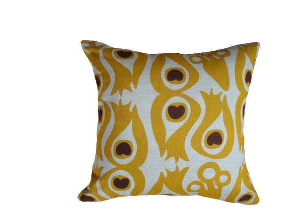 PEACOCK - Hand Printed Mustard Yellow Linen Pillow, Artisan Home Decor
