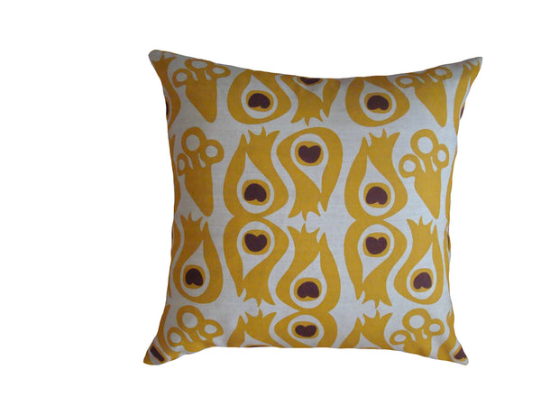 PEACOCK - Hand Printed Mustard Yellow Linen Pillow, Artisan Home Decor