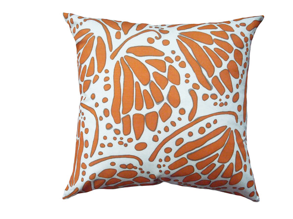WINGS - Hand Printed Tangerine / Orange Linen Pillow, Modern Artisan Design