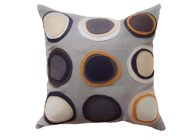 Mona Circles Brown Black Orange Felt Appliqué Linen Pillow