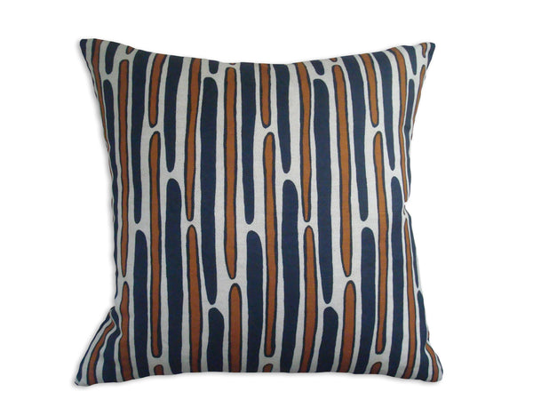 MORRIS - Hand Printed Nutmeg Orange & Navy Linen Pillow, Modern Stripes