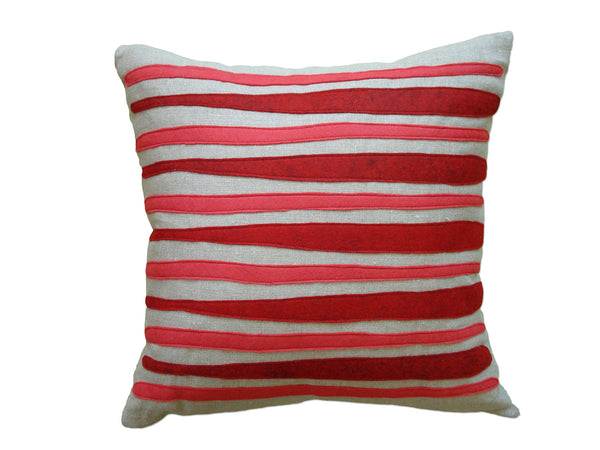 Morris Stripes Red Strawberry Pink Felt Appliqué Linen Pillow