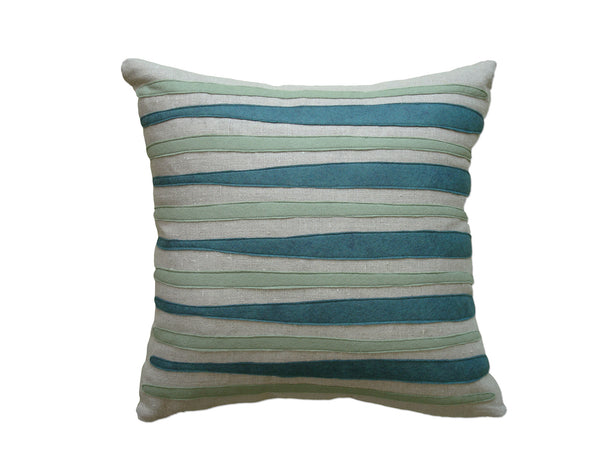 Morris Stripes Brook Blue Loden Green Felt Appliqué Linen Pillow
