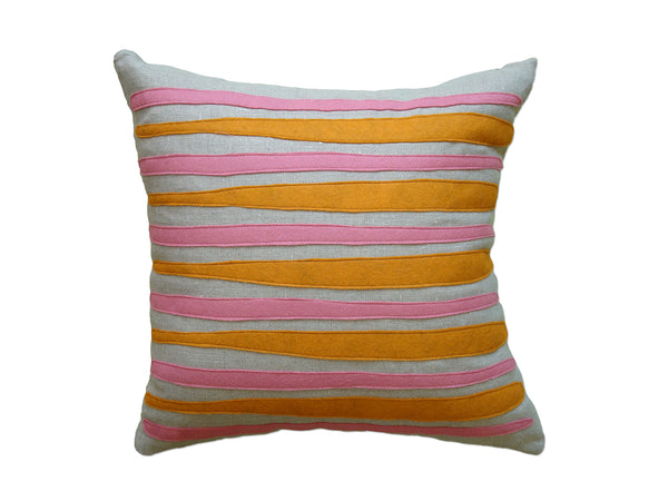 Morris Stripes Orange Spice Pink Rose Felt Appliqué Linen Pillow