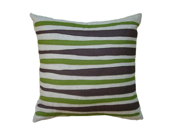 Morris Stripes Brown Moss Green Felt Appliqué Linen Pillow