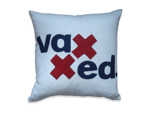 VAXXED - Red & Navy Felt Appliqué Linen Pillow, Modern Handcrafted Texture