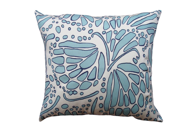 WINGS - Coastal Blue Hand Printed Pillow, Indoor/Outdoor, Modern Artisan Design