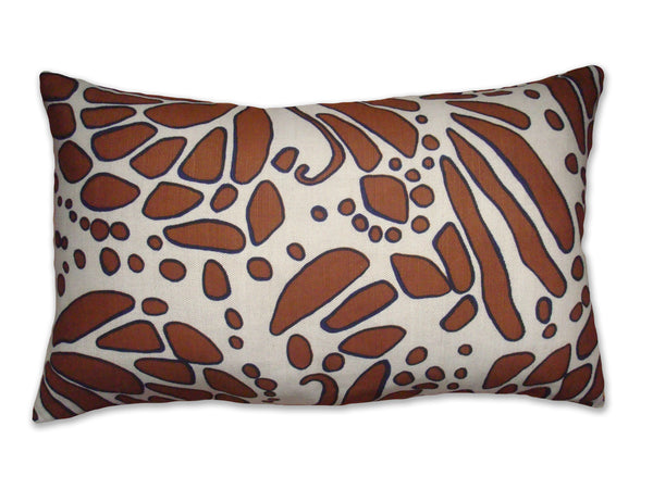 WINGS - Hand Printed Linen Pillow in Nutmeg Brown & Navy, Artisan Home Decor