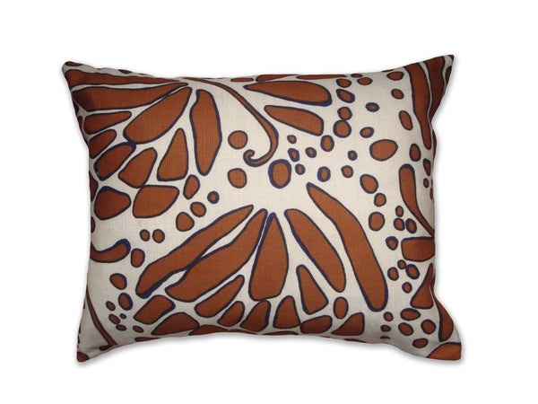 WINGS - Hand Printed Linen Pillow in Nutmeg Brown & Navy, Artisan Home Decor