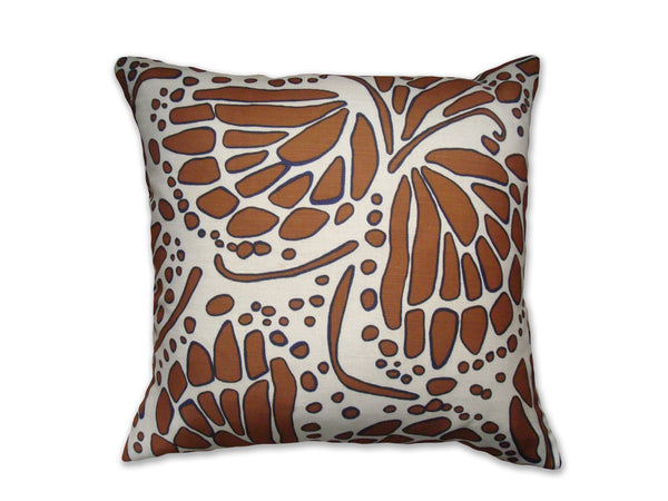 WINGS - Hand Printed Linen Pillow in Nutmeg Brown & Navy, Artisan Home Decor