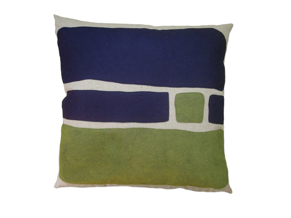 Big Block Navy Blue Leaf Green Felt Appliqué Linen Pillow