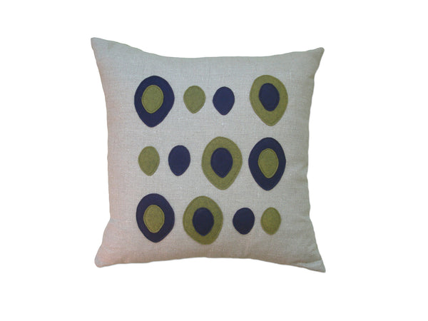 Eggs Navy Blue Leaf Green Felt Appliqué Linen Pillow