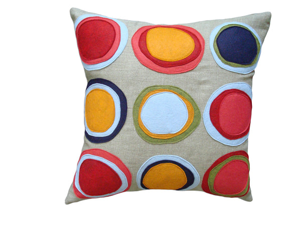 Mona Circles Red Blue Orange Felt Appliqué Linen Pillow