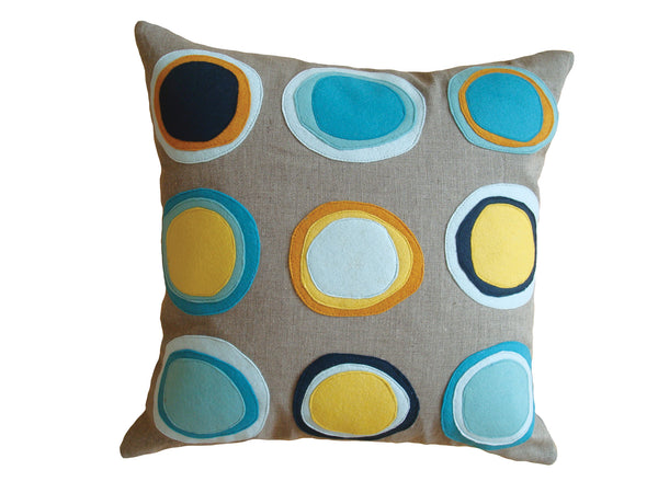 Mona Circles Coastal Blue Yellow Orange Felt Appliqué Linen Pillow