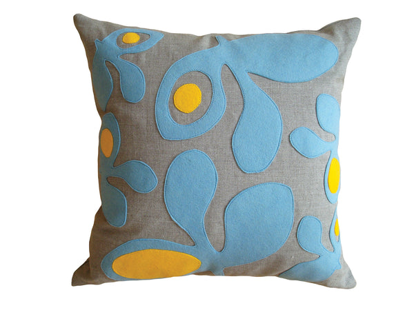 Pods Blue Yellow Felt Appliqué Linen Pillow