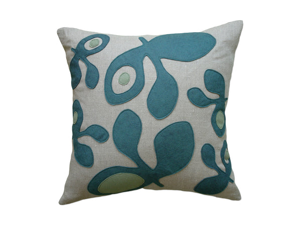 Pods Brook Loden Green Felt Appliqué Linen Pillow